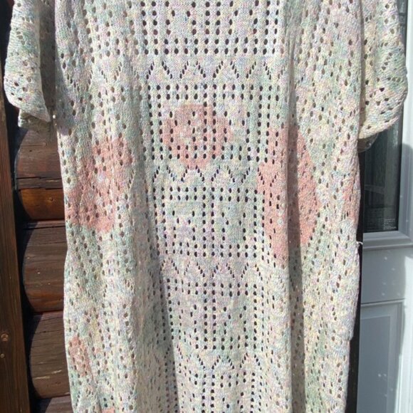 POL Boho Knit Open Front Short Sleeve Cardigan Sweater Pastel Sz M Crochet Beach - Picture 8 of 13